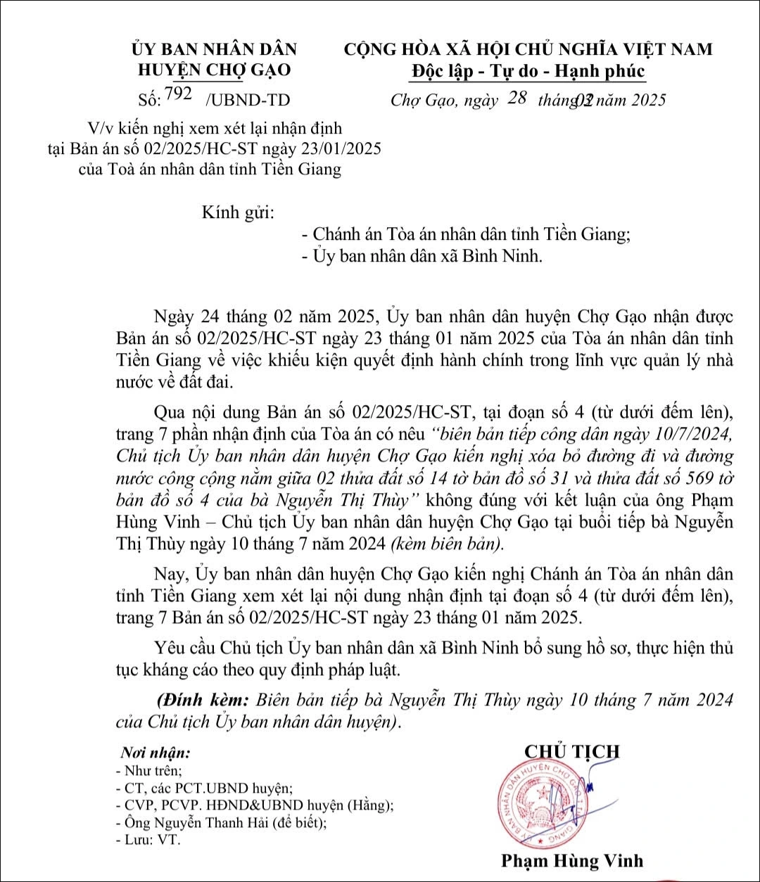 Văn bản kiến nghị của UBND huyện Chợ Gạo