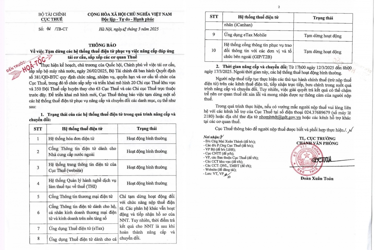 Tạm dừng các hệ thống thuế điện tử đến ngày 17/3