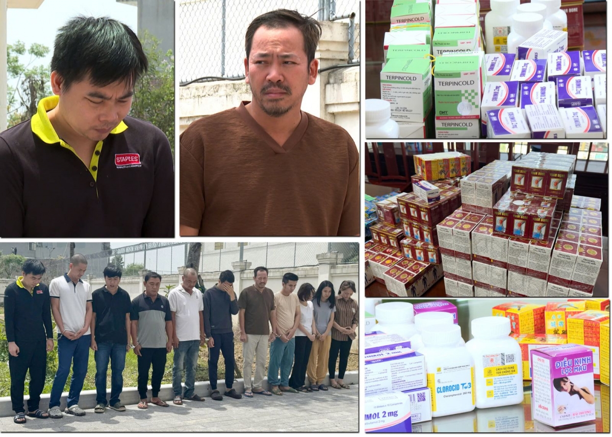 Các đối tượng trong đường dây sản xuất, buôn bán thuốc tân dược giả bị bắt giữ cùng tang vật.