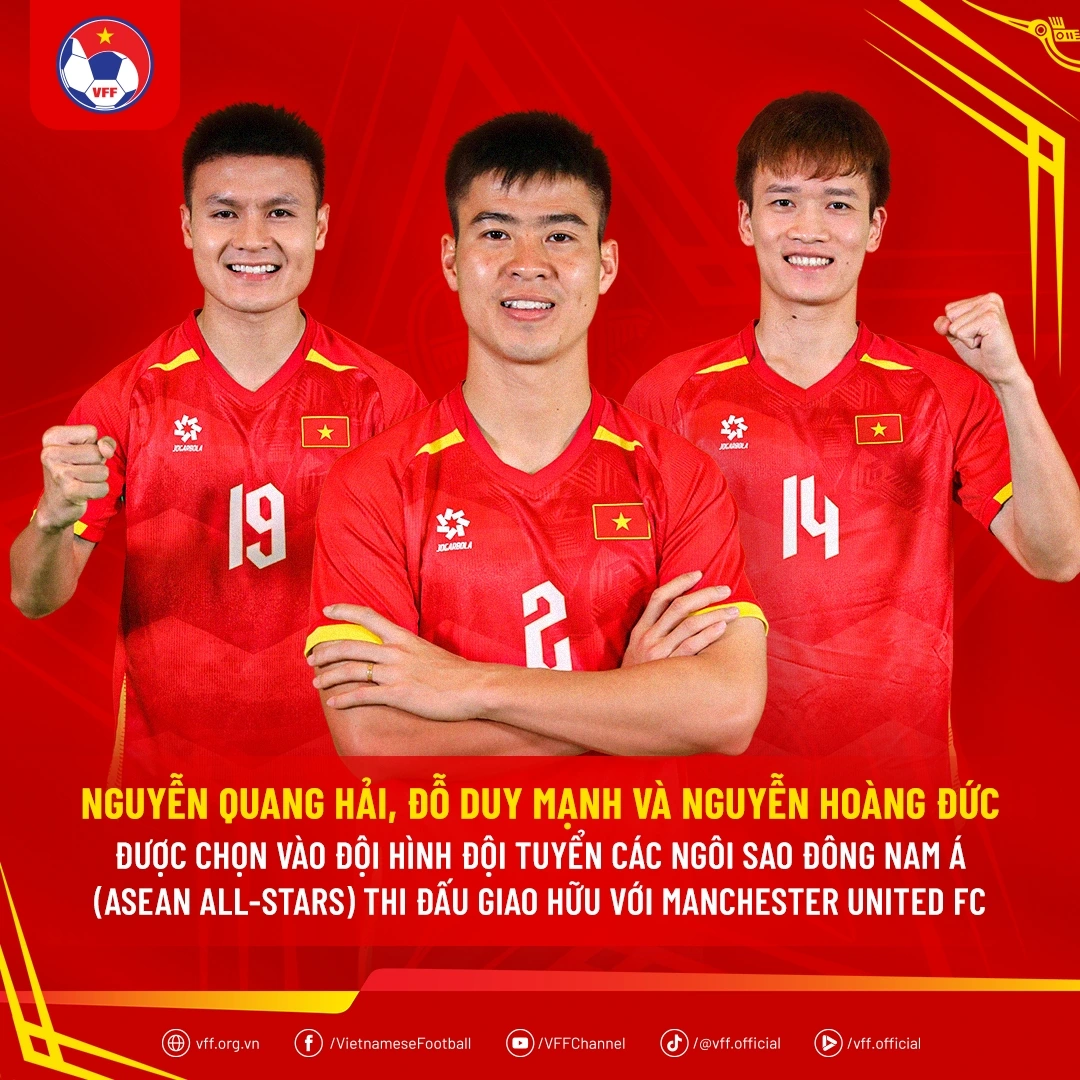 Ba tuyển thủ Việt Nam cùng HLV Kim Sang Sik đối đầu với MU. (Ảnh: VFF)