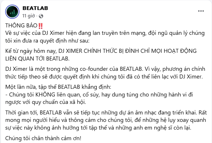 Thông báo của BEATLAB trên fanpage