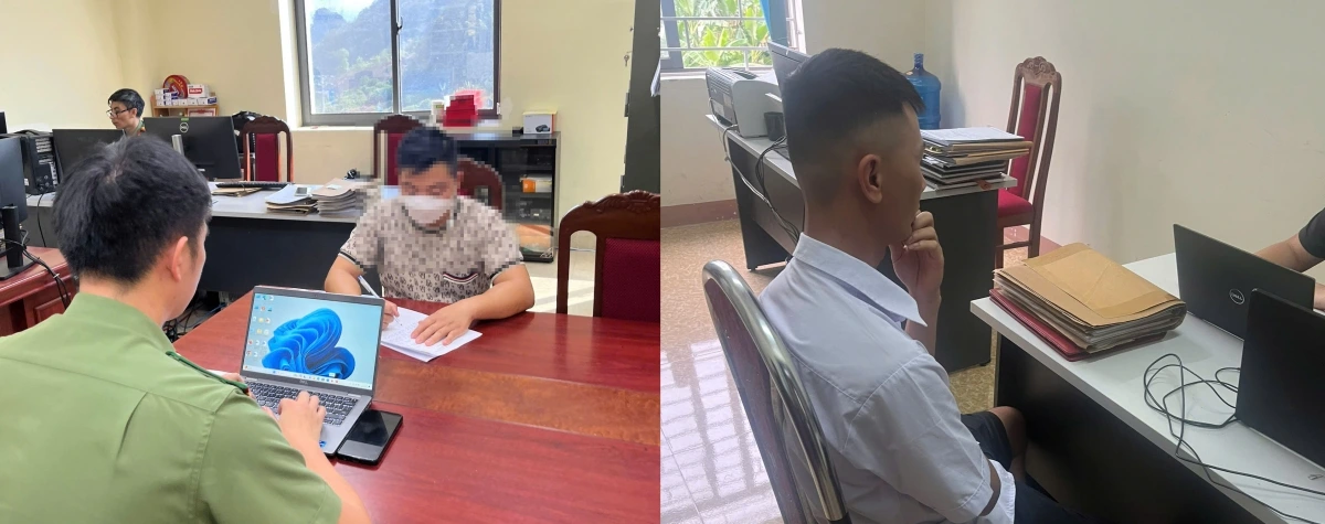 Anh H.V.T và L.T.T tại cơ quan Công an
