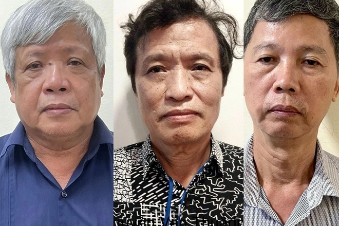 Ông Nguyễn Linh Ngọc (trái) và các bị cáo trong vụ án