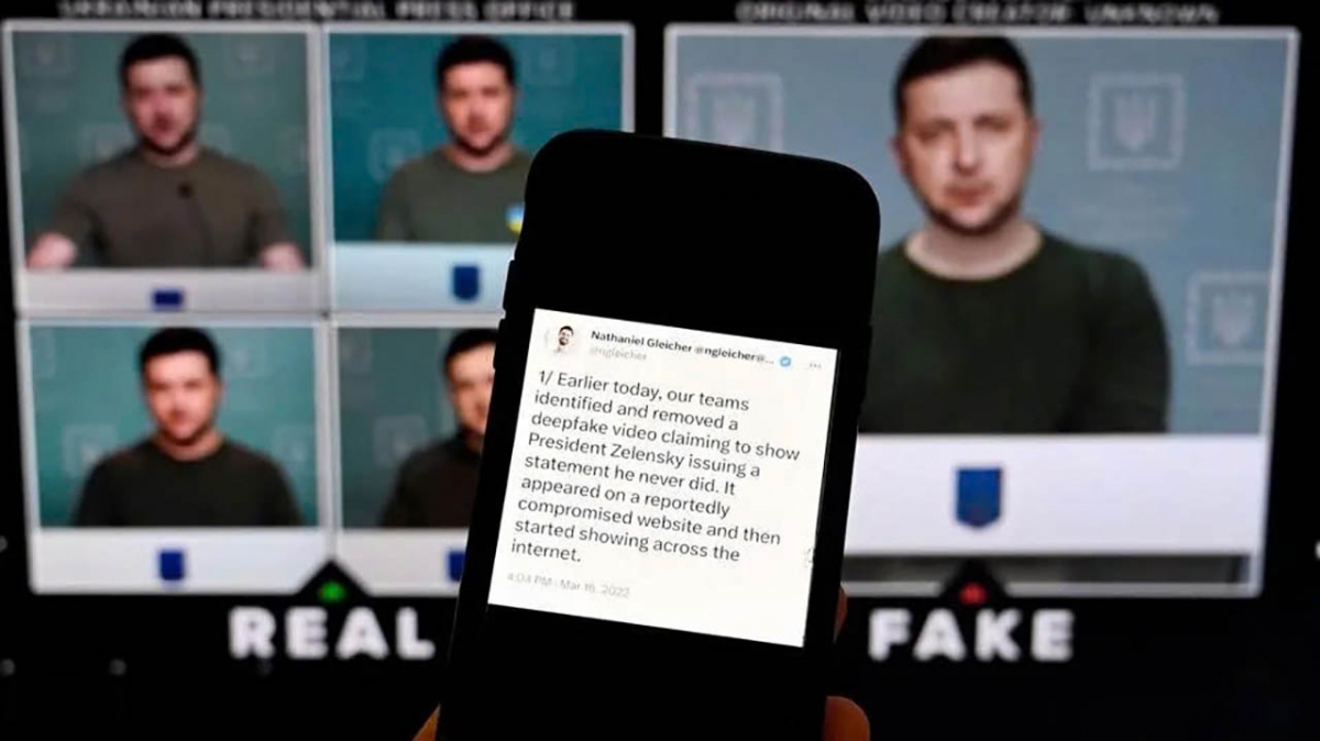 Một video giả mạo phát biểu của Tổng thống Ukraine Volodymyr Zelensky bằng công nghệ deepfake - Ảnh: AFP