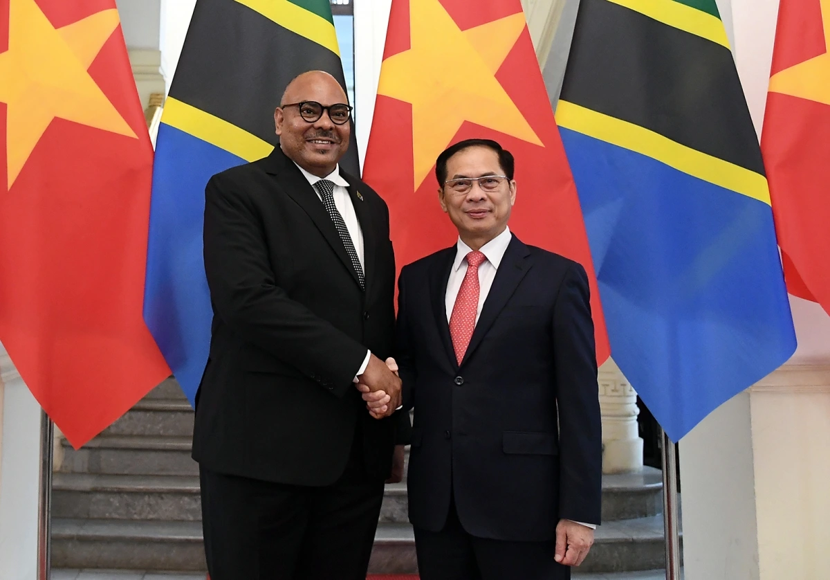 Phó Thủ tướng, Bộ trưởng Ngoại giao Bùi Thanh Sơn và Bộ trưởng Ngoại giao và Hợp tác Đông Phi nước Cộng hòa Thống nhất Tanzania Mahmoud Thabit Kombo (Ảnh: VGP/Hải Minh).