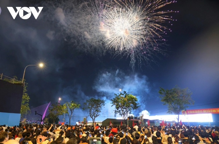 The colorful fireworks light up the city