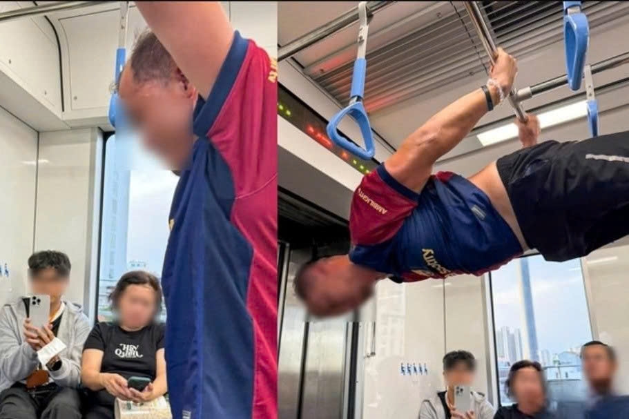 Hành vi đu treo cơ thể trên thanh sắt dọc sát trần toa tàu tuyến Metro số 1 khi tàu đang vận hành của ông N.V.T.T. (Ảnh: CACC)