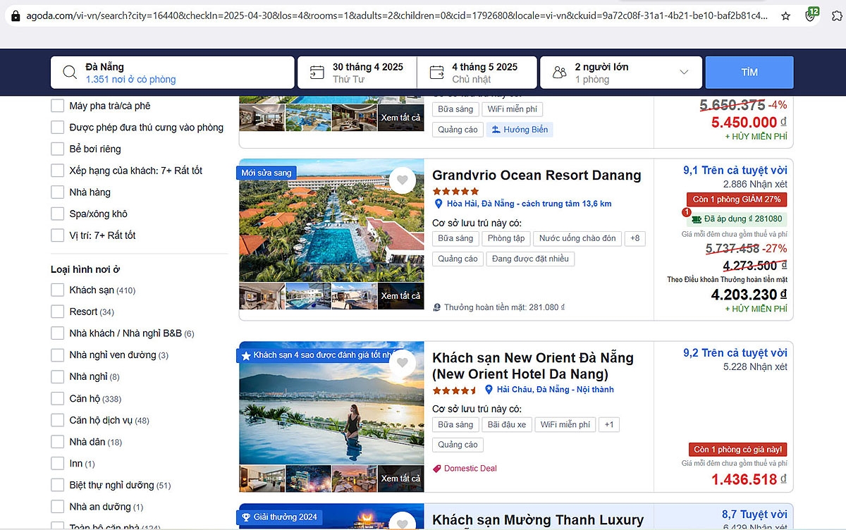 Trên nền tảng Agoda.com, traveloka.com cũng trong tình trạng tương tự.