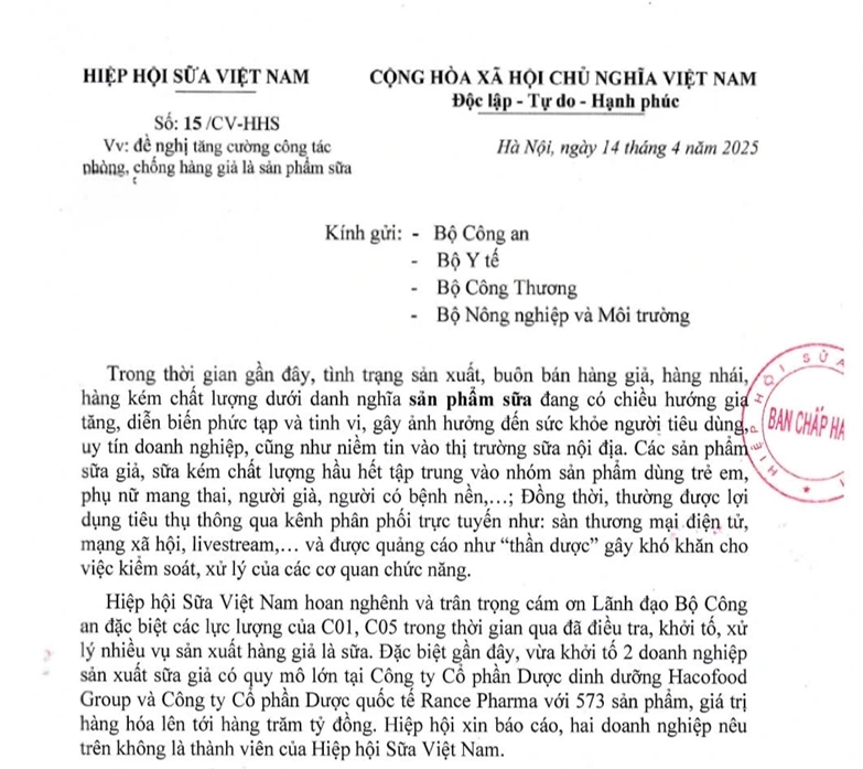 Công văn Hiệp hội sữa Việt Nam đề nghị tăng cường phòng chống sữa giả