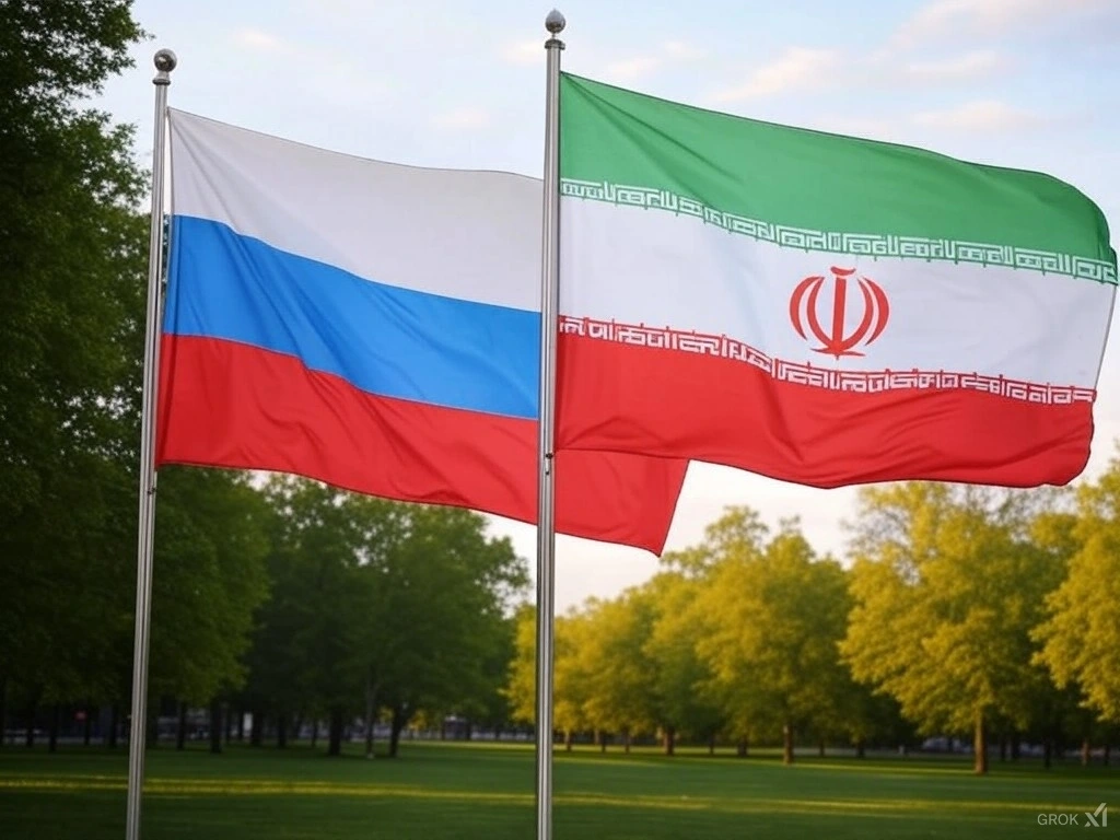 Cờ Nga và cờ Iran cạnh nhau. Ảnh minh hoạ: GROK