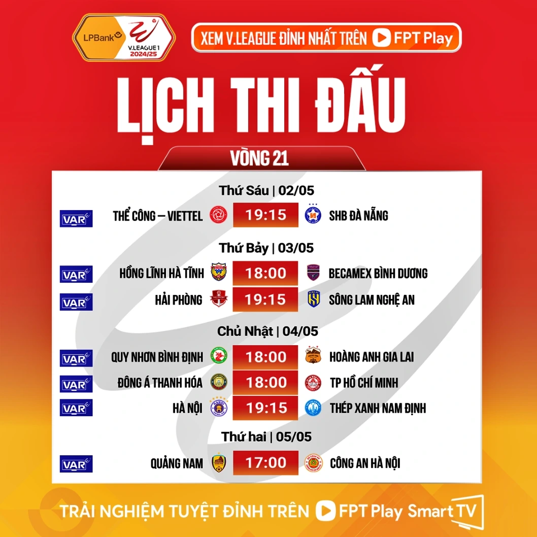 Lịch thi đấu và áp dụng VAR vòng 21 V-League 2024/2025.