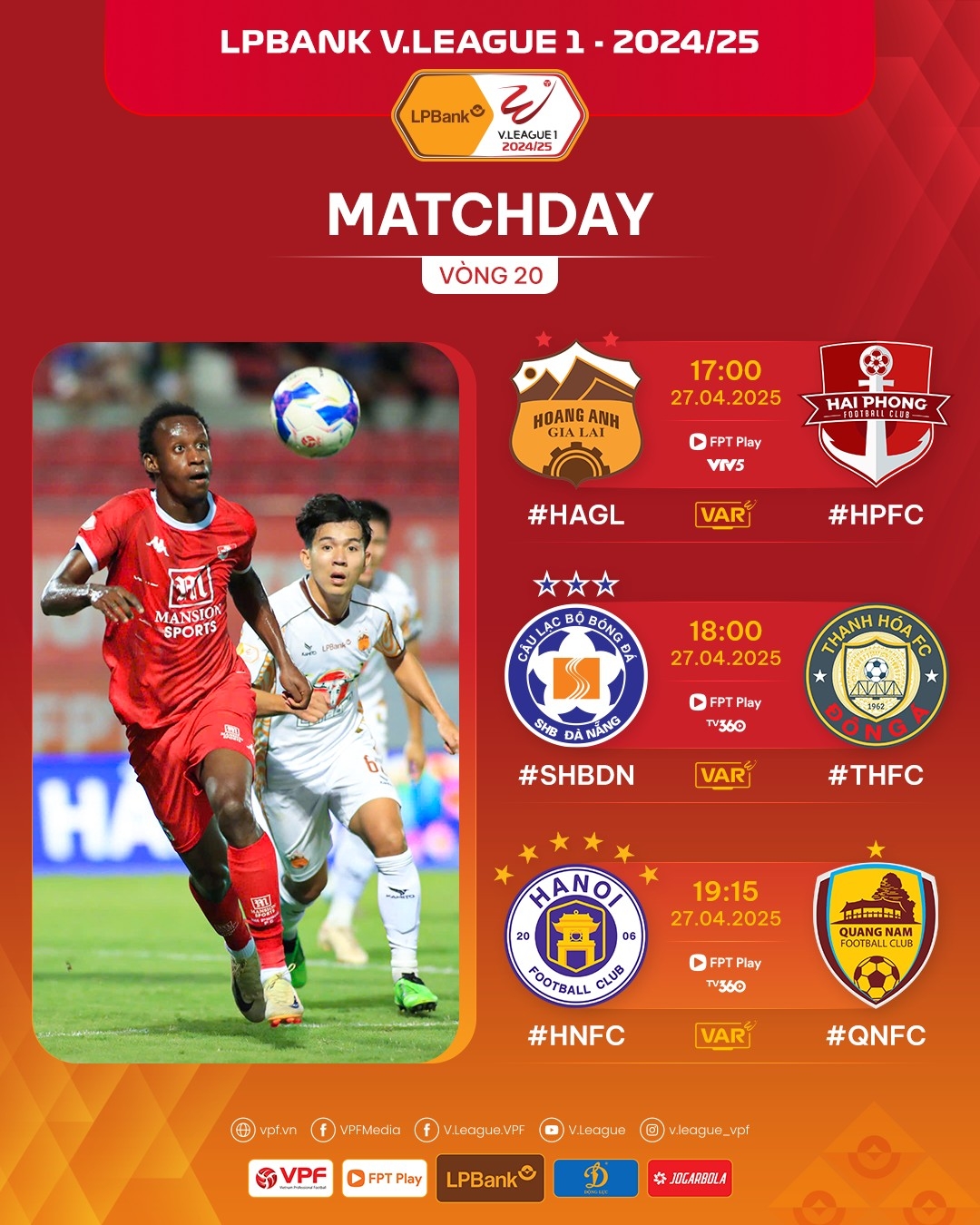 Lịch thi đấu các trận hôm nay 27/4.