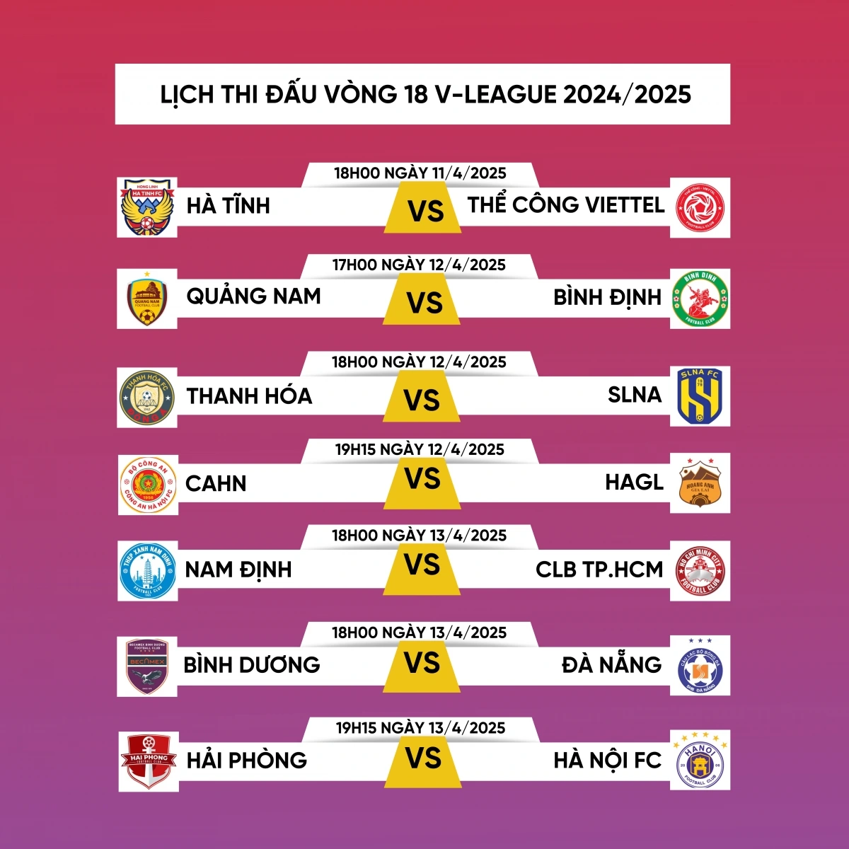 Lịch thi đấu và trực tiếp vòng 18 V-League 2024/2025.