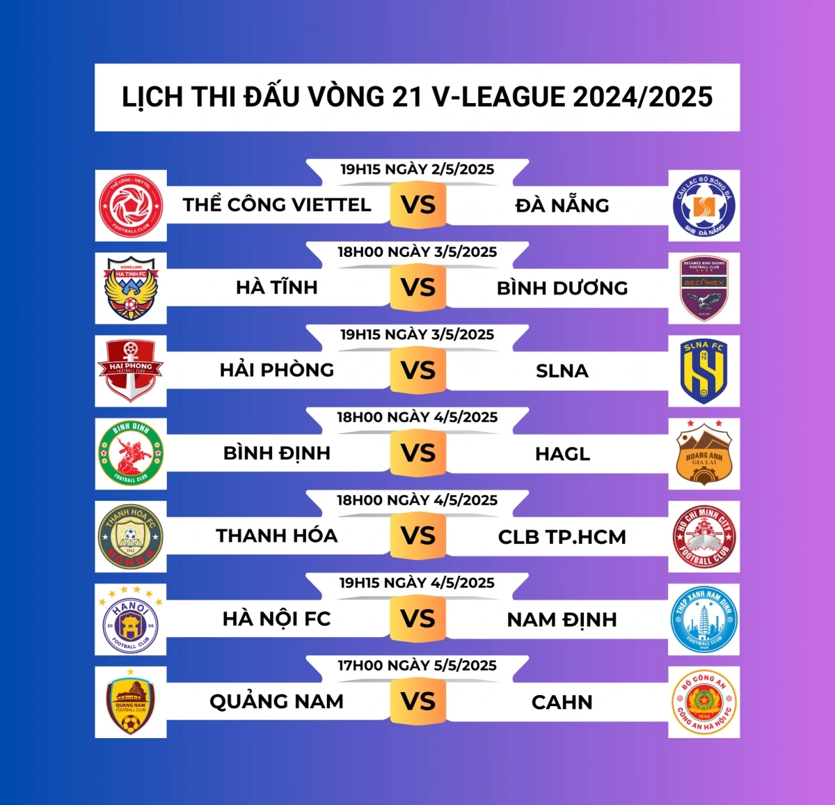 Lịch thi đấu và trực tiếp vòng 21 V-League 2024/2025.