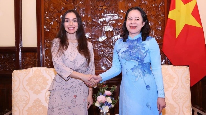 Phó Chủ tịch nước Võ Thị Ánh Xuân tiếp bà Leyla Aliyeva, Phó Chủ tịch Quỹ Heydar Aliyev (Azerbaijan). Ảnh: Văn Điệp/TTXVN