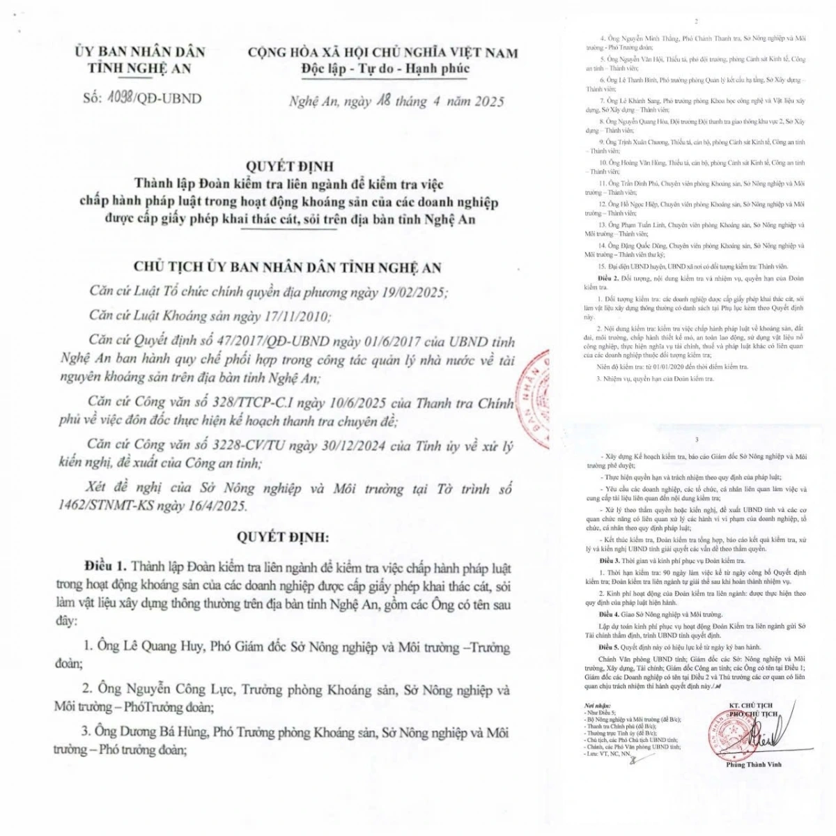 Quyết định thành lập Đoàn kiểm tra liên ngành kiểm tra việc chấp hành pháp luật trong hoạt động khoáng sản của các doanh nghiệp được cấp giấy phép khai thác cát, sỏi trên địa bàn tỉnh Nghệ An. 