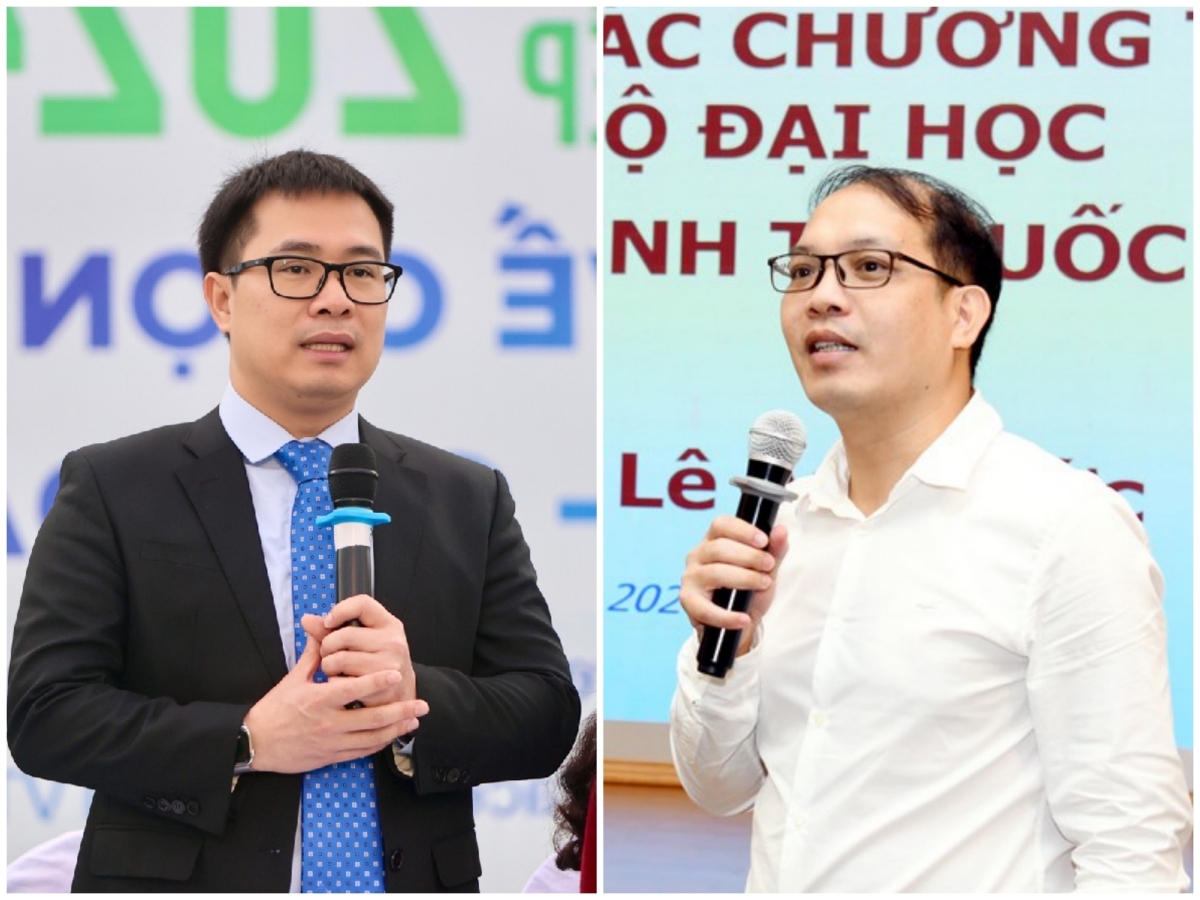 PGS.TS Vũ Duy Hải, Trưởng Ban Tuyển sinh - Hướng nghiệp, ĐH Bách khoa Hà Nội (bìa phải) và TS. Lê Anh Đức,Trưởng Phòng Quản lý Đào tạo, Đại học Kinh tế Quốc dân (bìa trái)