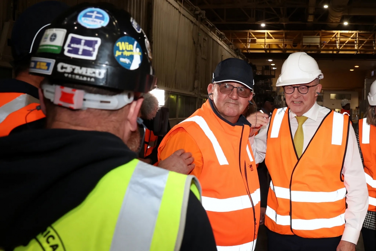 Thủ tướng Australia Anthony Albanese (mũ trắng) vận động tranh cử tại bang Tasmania. Nguồn: Alex Ellinghausen