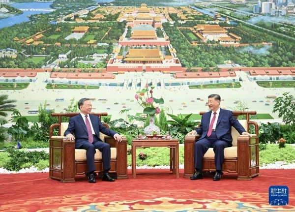 Tổng Bí thư, Chủ tịch Trung Quốc Tập Cận Bình tiếp Tổng Bí thư Tô Lâm trong chuyến thăm tháng 8/2024. Ảnh: Tân Hoa xã