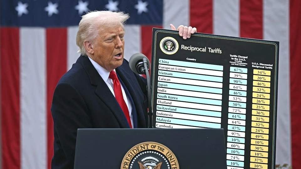 Tổng thống Mỹ D. Trump công bố mức thuế đối ứng mới ngày 3/4. Ảnh: ici.radio-canada.ca