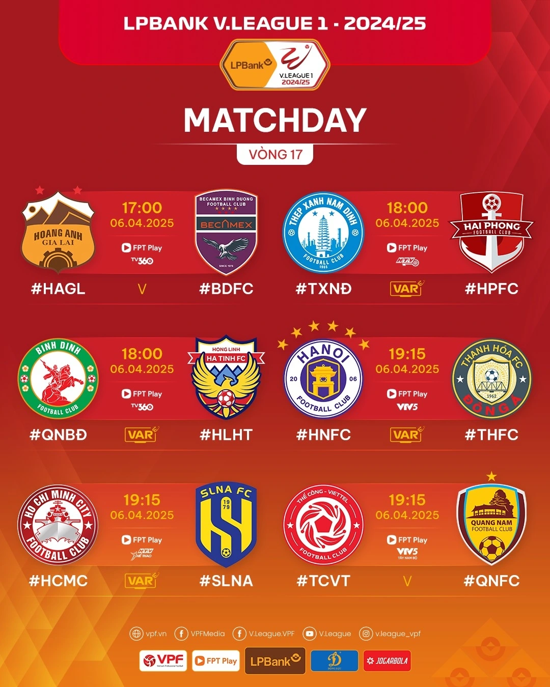 Lịch thi đấu các trận vòng 17 V-League 2024/2025 ngày 6/4.