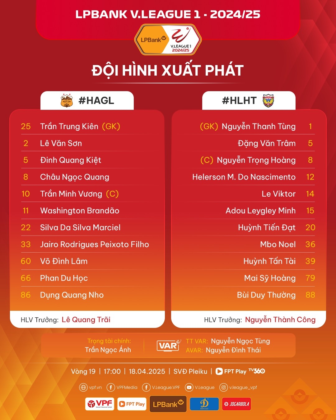 Đội hình xuất phát của 2 đội. 