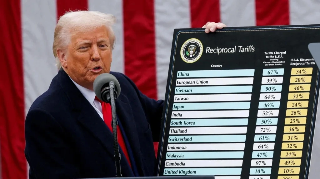 Ông Trump công bố biểu thuế đối ứng mới ngày 2/4/2025 tại Vườn Hồng, Nhà Trắng. Ảnh: Reuters