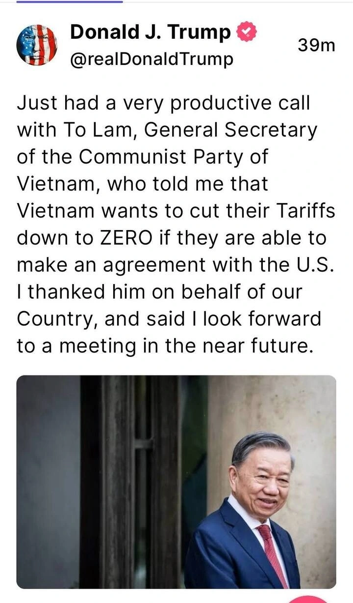 Tổng thống Donald Trump chia sẻ trên mạng xã hội Truth Social về "cuộc điện đàm rất hiệu quả" với Tổng Bí thư Tô Lâm.
