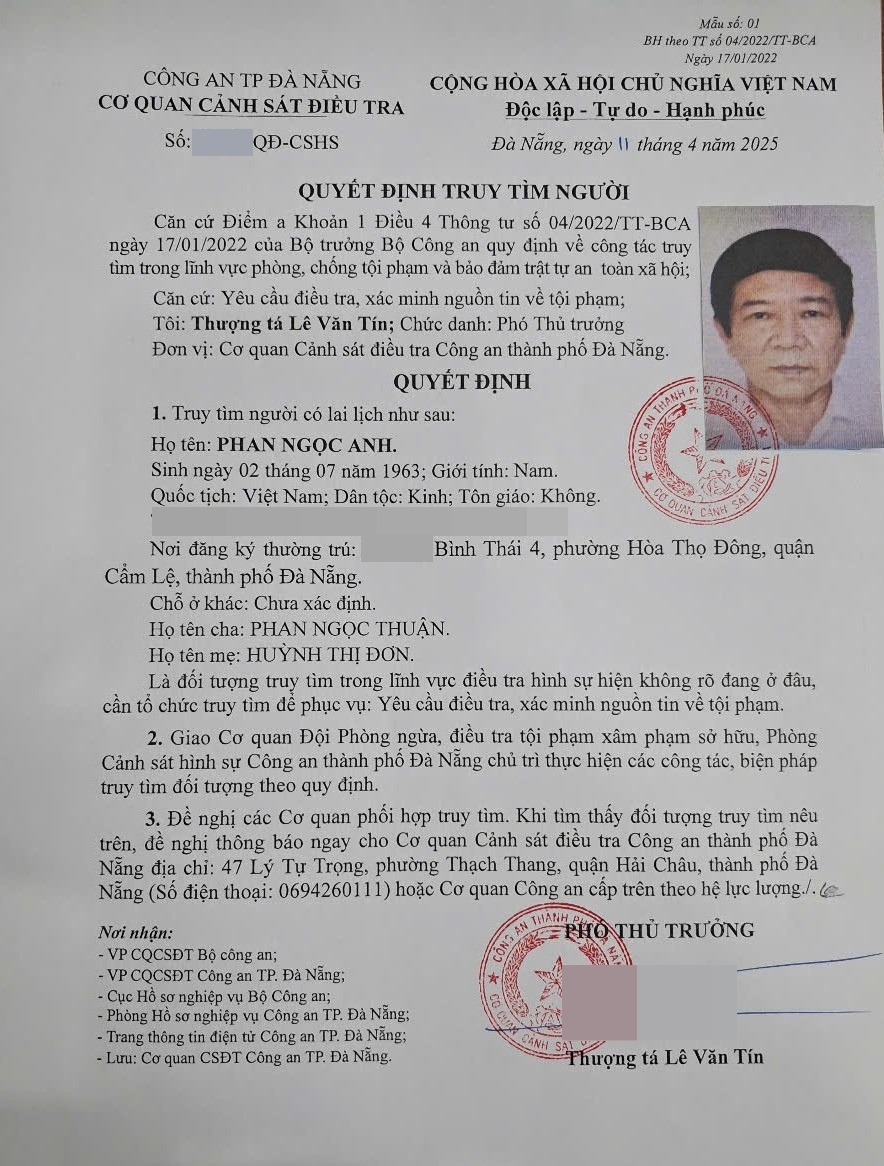 Quyết định truy tìm đối với Phan Ngọc Anh.
