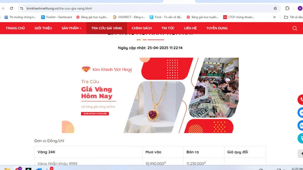 Gía vàng Kim Khánh Việt Hùng ở Đà Nẵng sáng 25/4