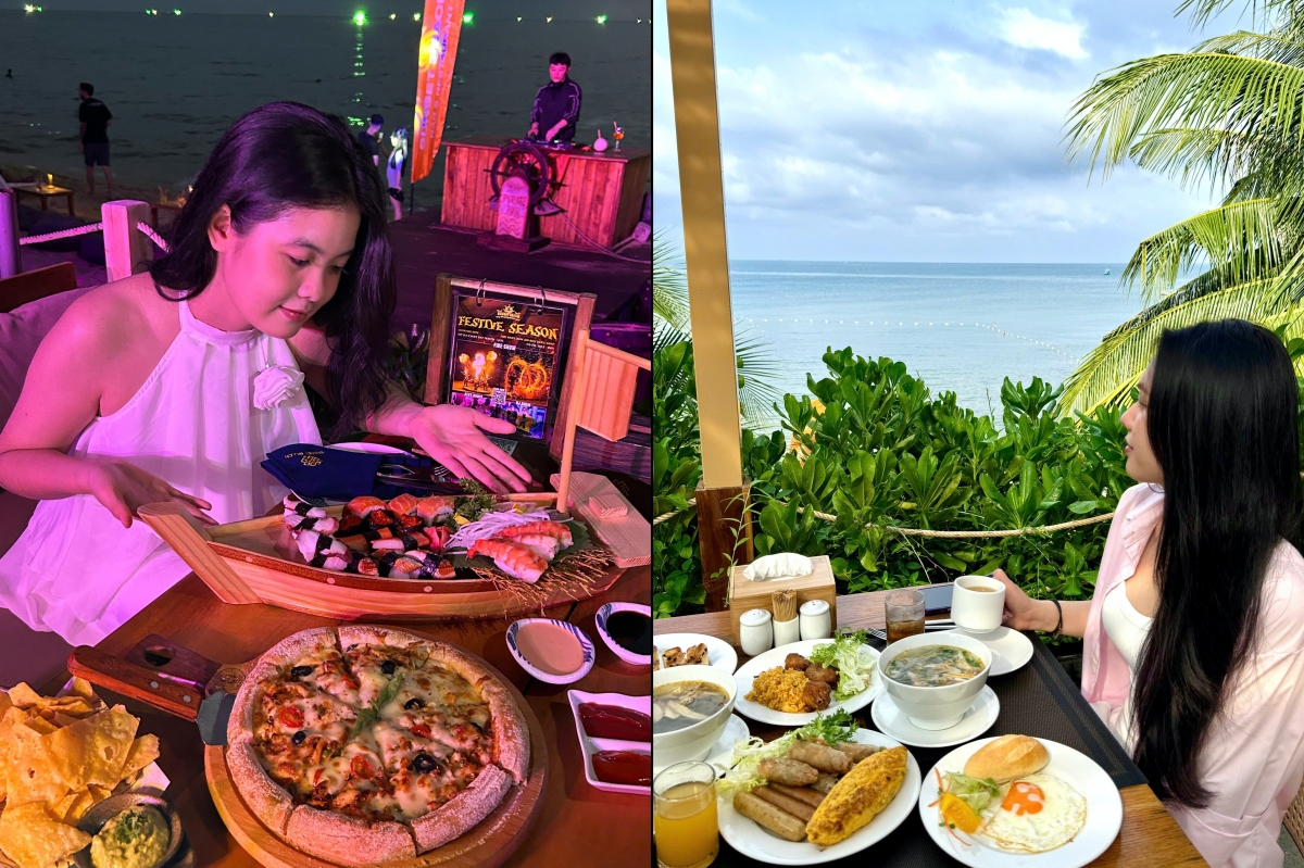 Tại Sunset Beach, bạn có thể bắt đầu ngày mới với bữa sáng bên biển, và kết thúc buổi tối bằng một bàn tiệc hải sản tươi ngon