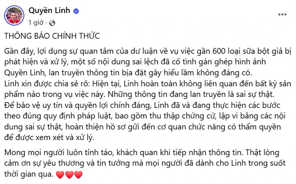 MC Quyền Linh lên tiếng khi bị nhắc tên trong loạt quảng cáo sữa giả