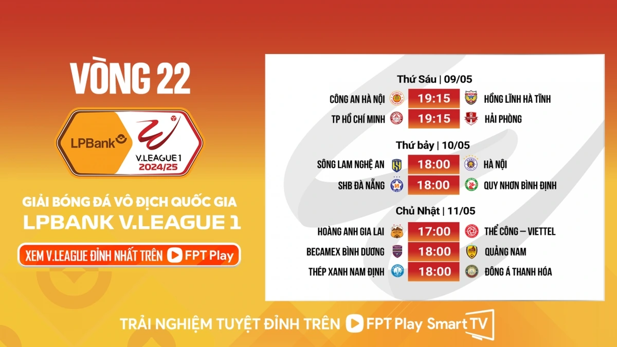 Ngày 10/5 diễn ra 2 trận đấu vòng 22 V-League 2024/2025.
