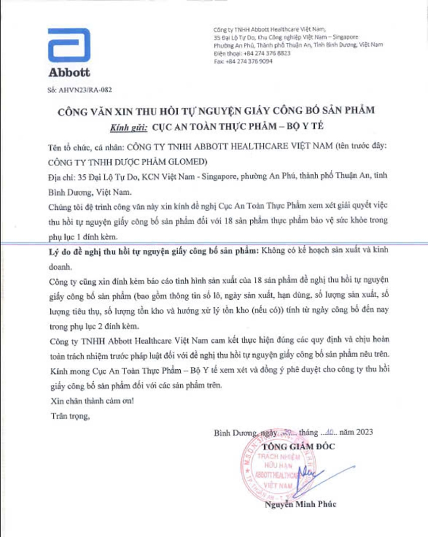 Hình ảnh trang 1 của công văn từ Abbott 20/10/2023