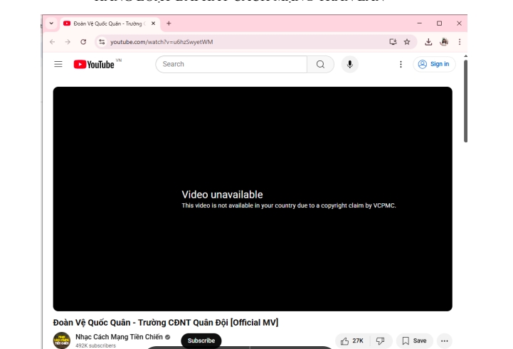 Video “Đoàn vệ quốc quân” bị block, thì khán giả chỉ còn nhìn thấy tiêu đề video, chứ không thể xem, nghe được nội dung nữa.
