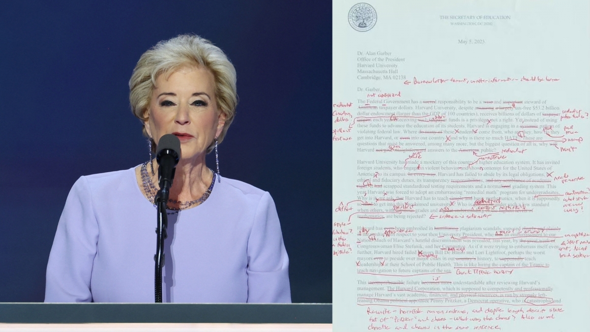 Bộ trưởng Giáo dục Mỹ Linda McMahon và bức thư được chỉnh sửa. Ảnh: Reuters, X