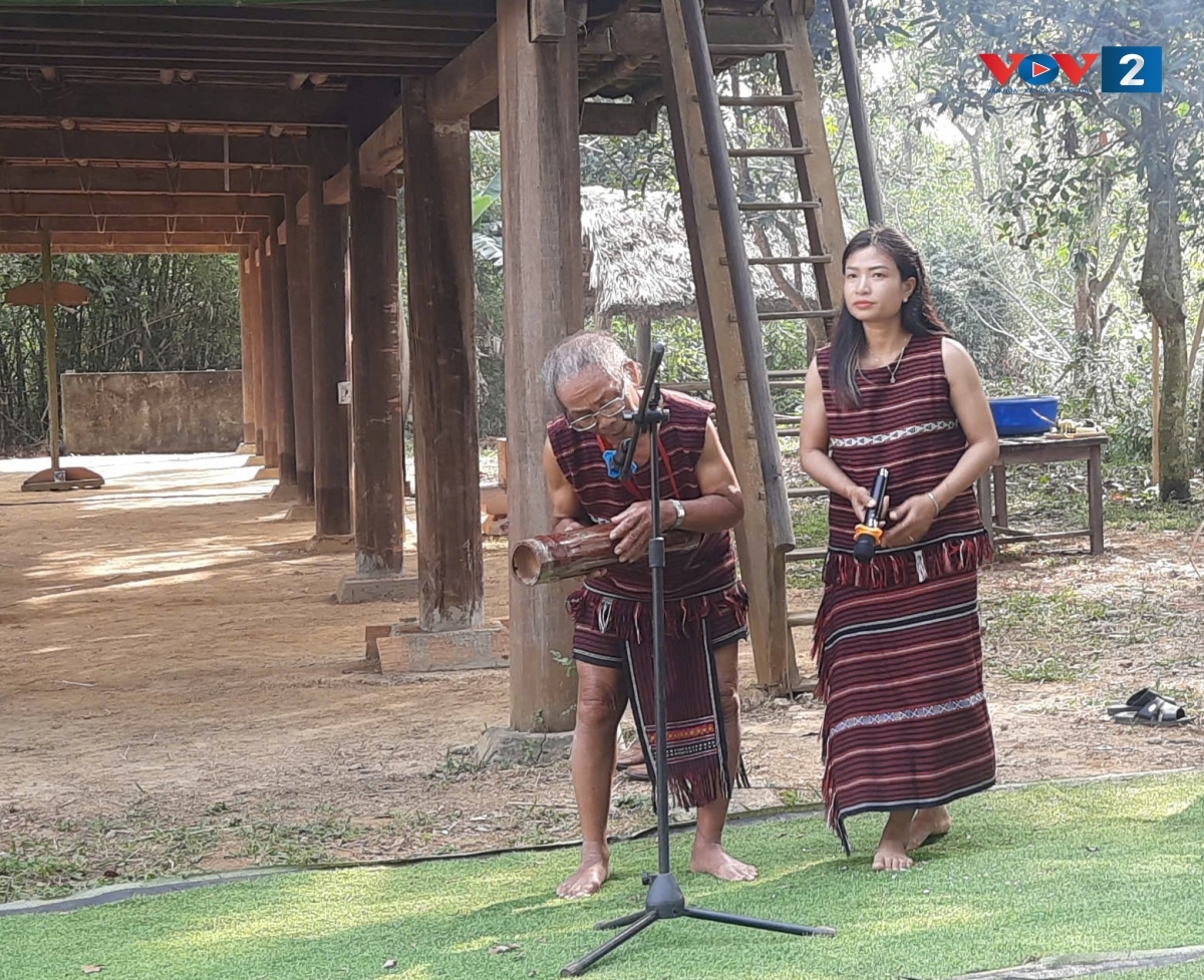 Nghệ nhân Điểu Liệt đệm đàn Goong Cla trong một tiết mục biểu diễn tại Lễ Sayangva của người Chơ Ro