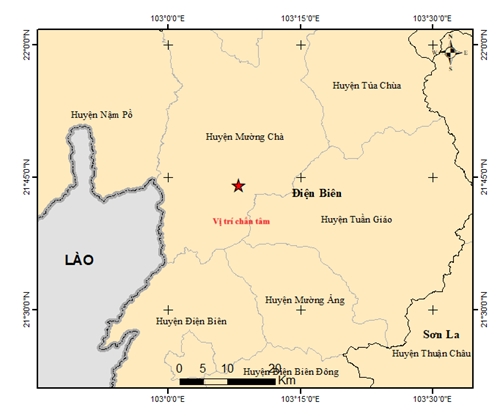 Vị trí tâm chấn của trận động đất thứ 2 xảy ra trong ngày tại huyện Mường Chà, tỉnh Điện Biên.