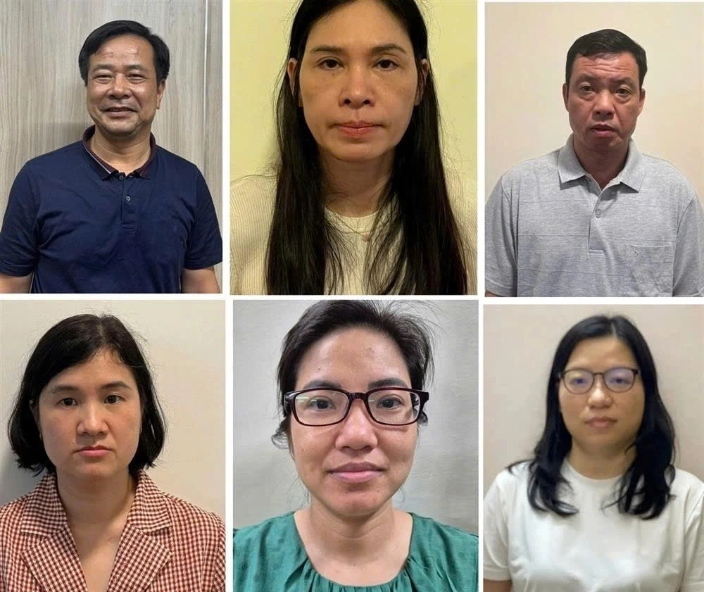 Nghiêm Quốc Hưng (phía trên bên trái) và các bị can trong vụ án