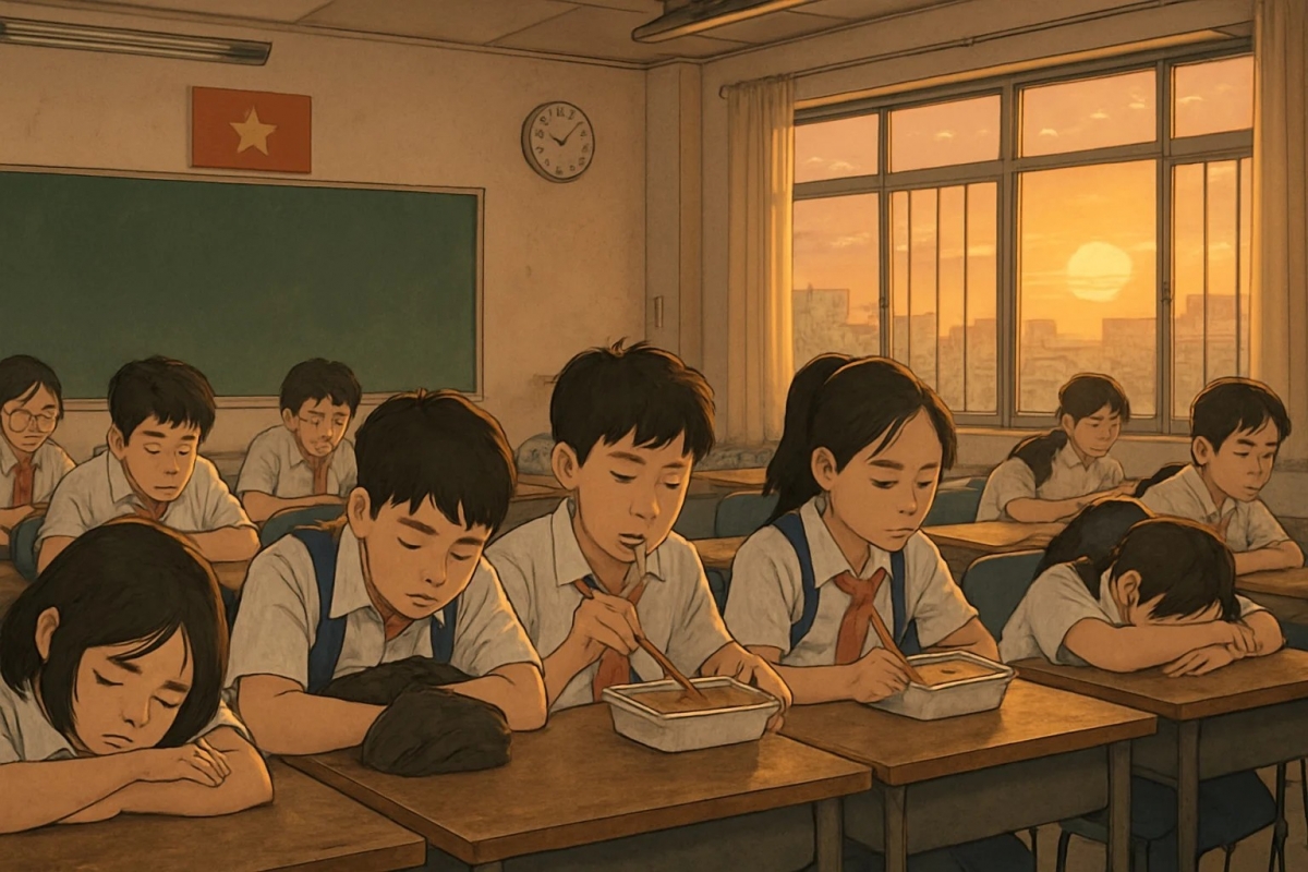 Học sinh mệt mỏi sau giờ học chính khóa, vội vã ăn uống để kịp giờ học thêm (Ảnh minh họa: ChatGPT)