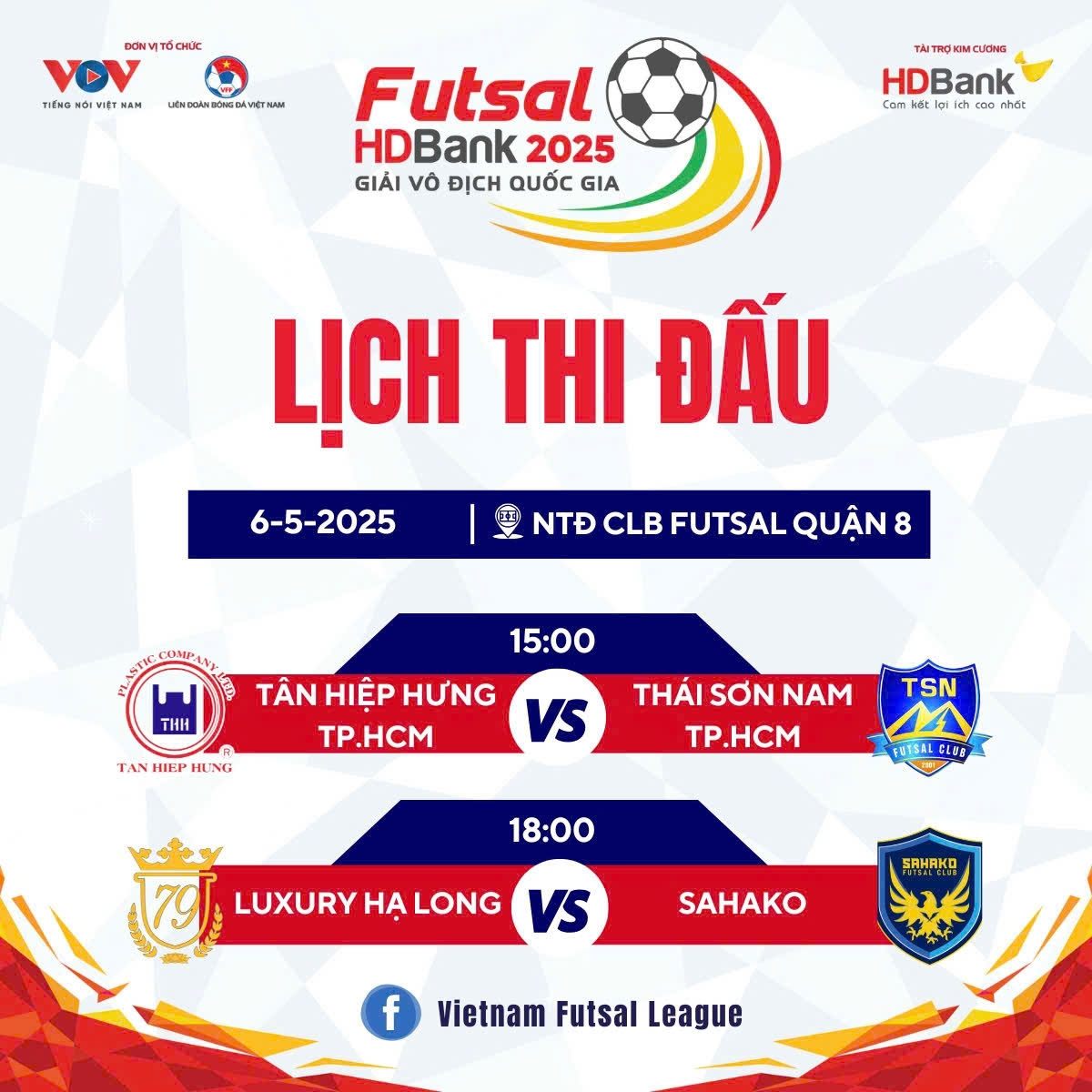 Lịch thi đấu Futsal HD Bank vô địch quốc gia 2025 hôm nay 6/5.