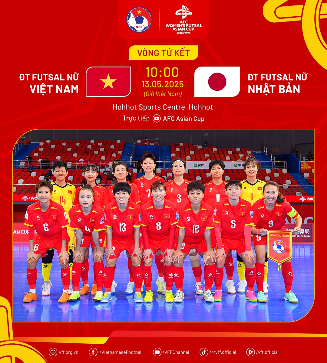 ĐT Futsal nữ Việt Nam đối đầu ĐT Futsal nữ Nhật Bản ở tứ kết VCK Futsal nữ châu Á 2025. (Ảnh: VFF)