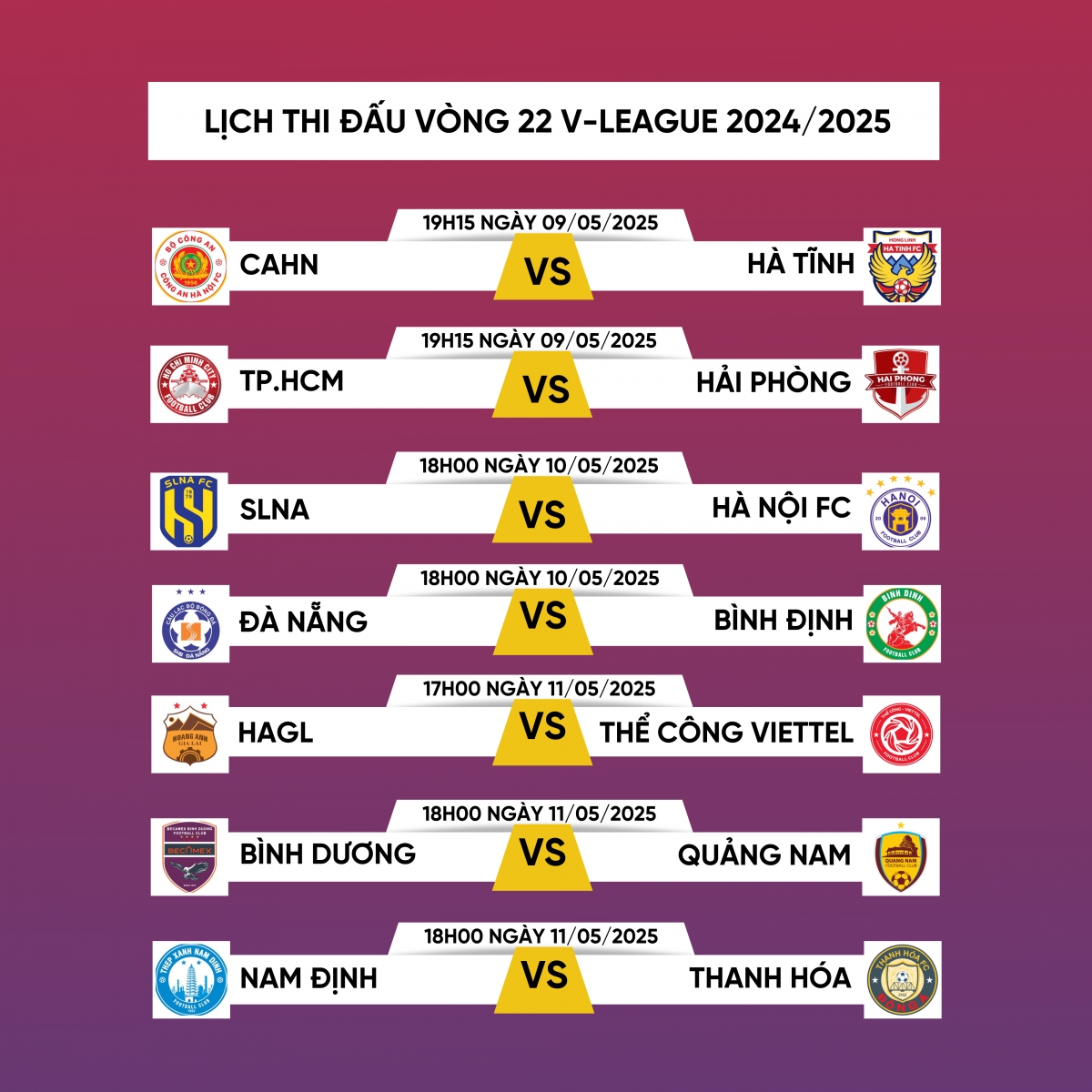 Lịch thi đấu vòng 22 V-League 2024/2025.