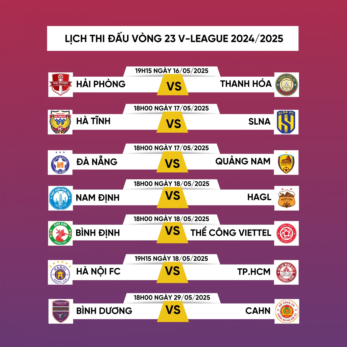 Lịch thi đấu vòng 23 V-League 2024/2025.