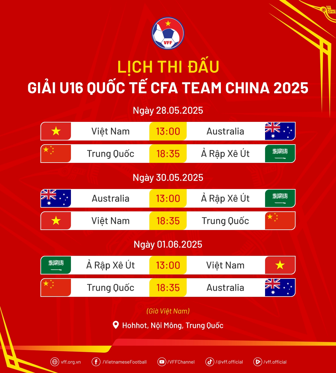 Lịch thi đấu U16 Việt Nam tại giải U16 Quốc tế 2025.