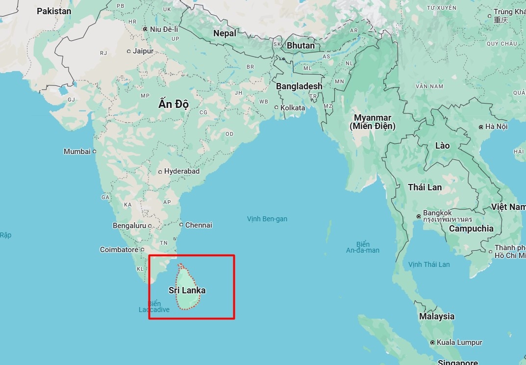 Vị trí đất nước Srilanca trên bản đồ thế giới. Ảnh GOOGLE MAP