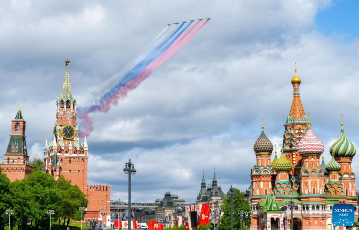 Máy bay quân sự duyệt đội hình cho lễ duyệt binh sắp tới ở Quảng trường Đỏ, Moscow, Nga. Ảnh: Xinhua