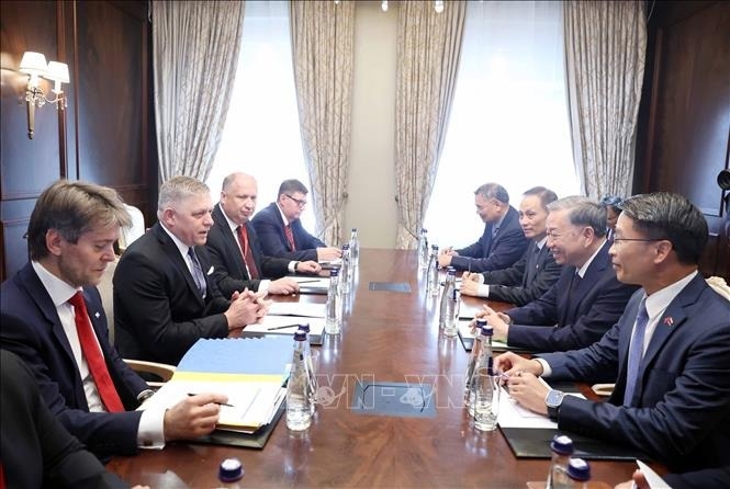 Tổng Bí thư Tô Lâm gặp Thủ tướng Slovakia Robert Fico. Ảnh: TTXVN