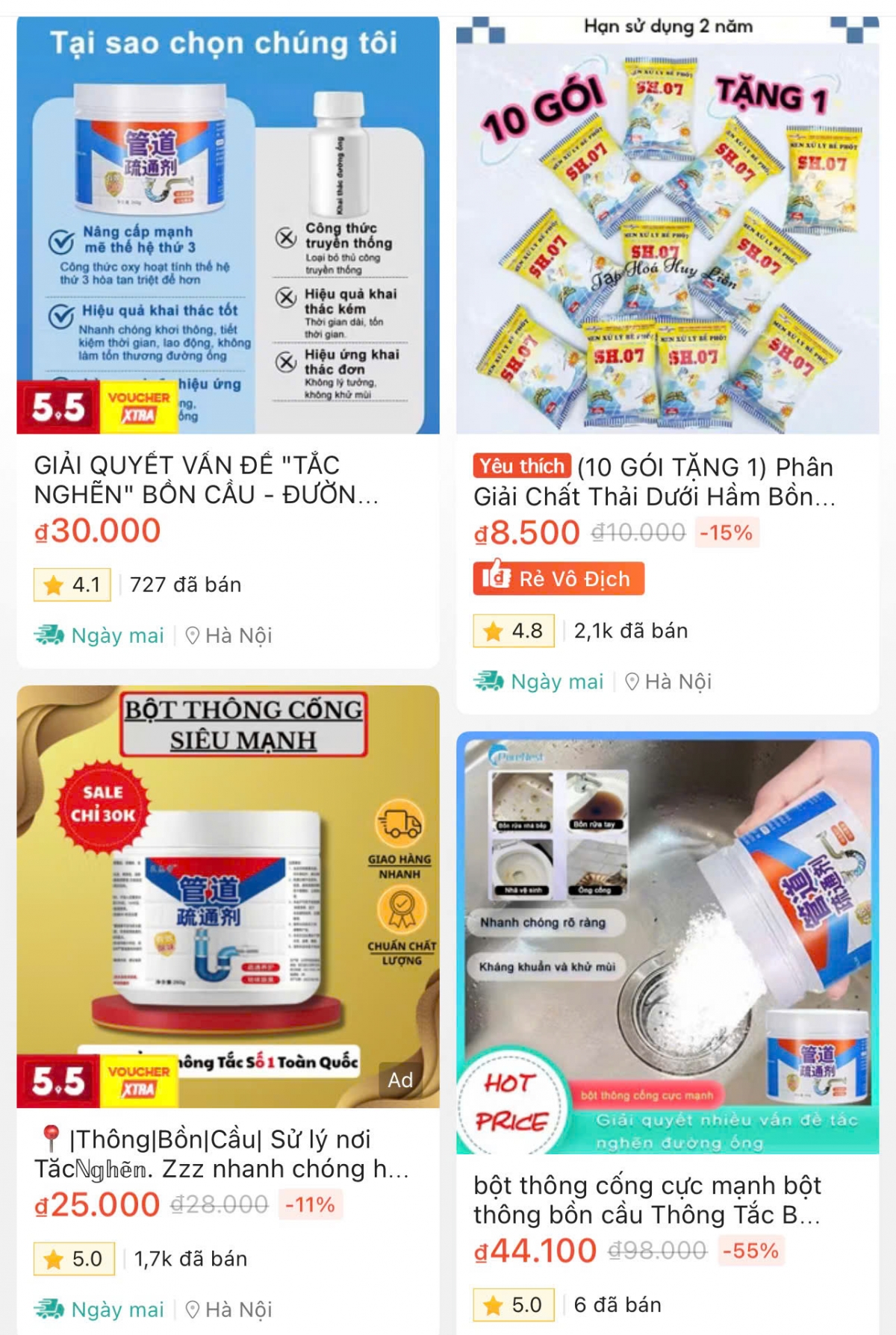 Hóa chất thông cống được quảng cáo tràn lan trên các trang thương mại điện tử với giá siêu rẻ