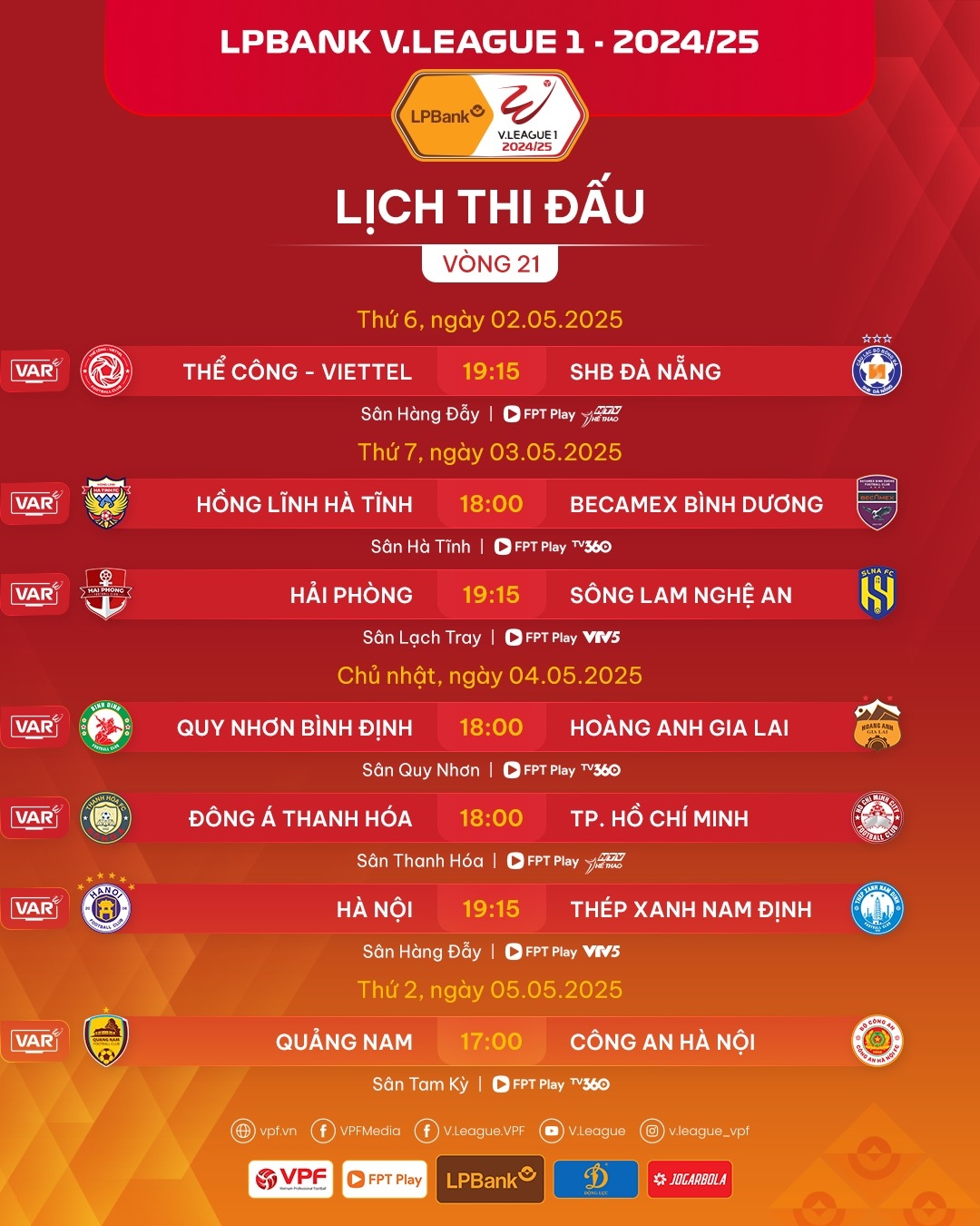 Lịch thi đấu vòng 21 V-League 2024/2025.